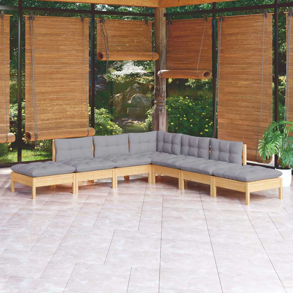 Set Divani da Giardino 7 pz con Cuscini Grigi Massello di Pino