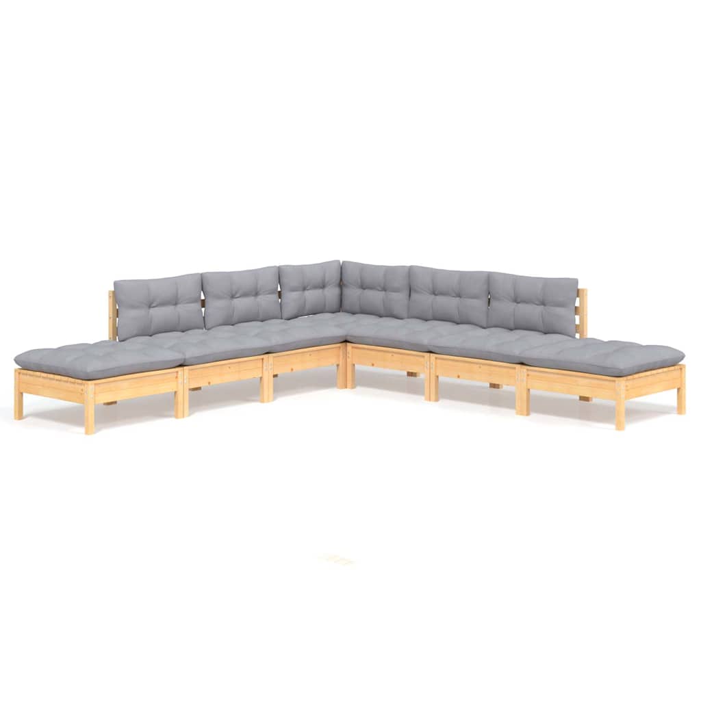 Set Divani da Giardino 7 pz con Cuscini Grigi Massello di Pino