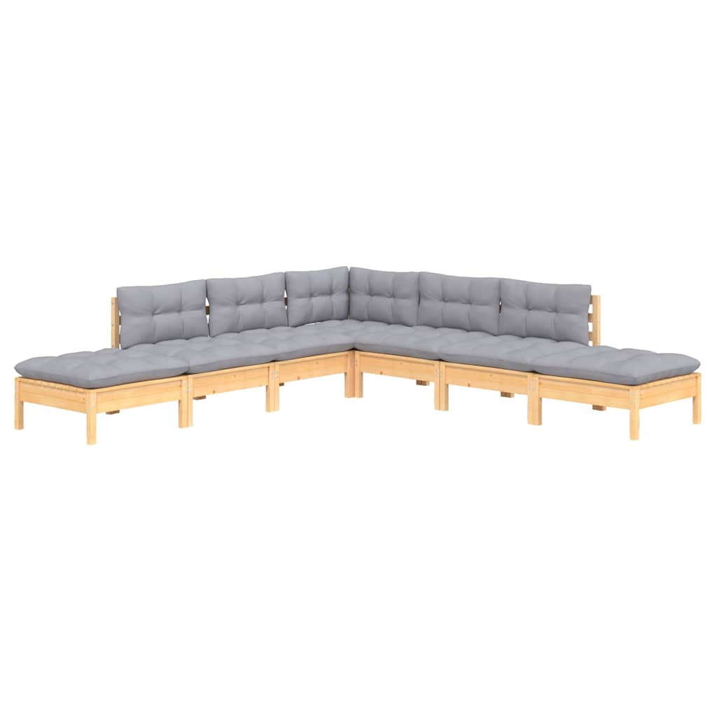 Set Divani da Giardino 7 pz con Cuscini Grigi Massello di Pino