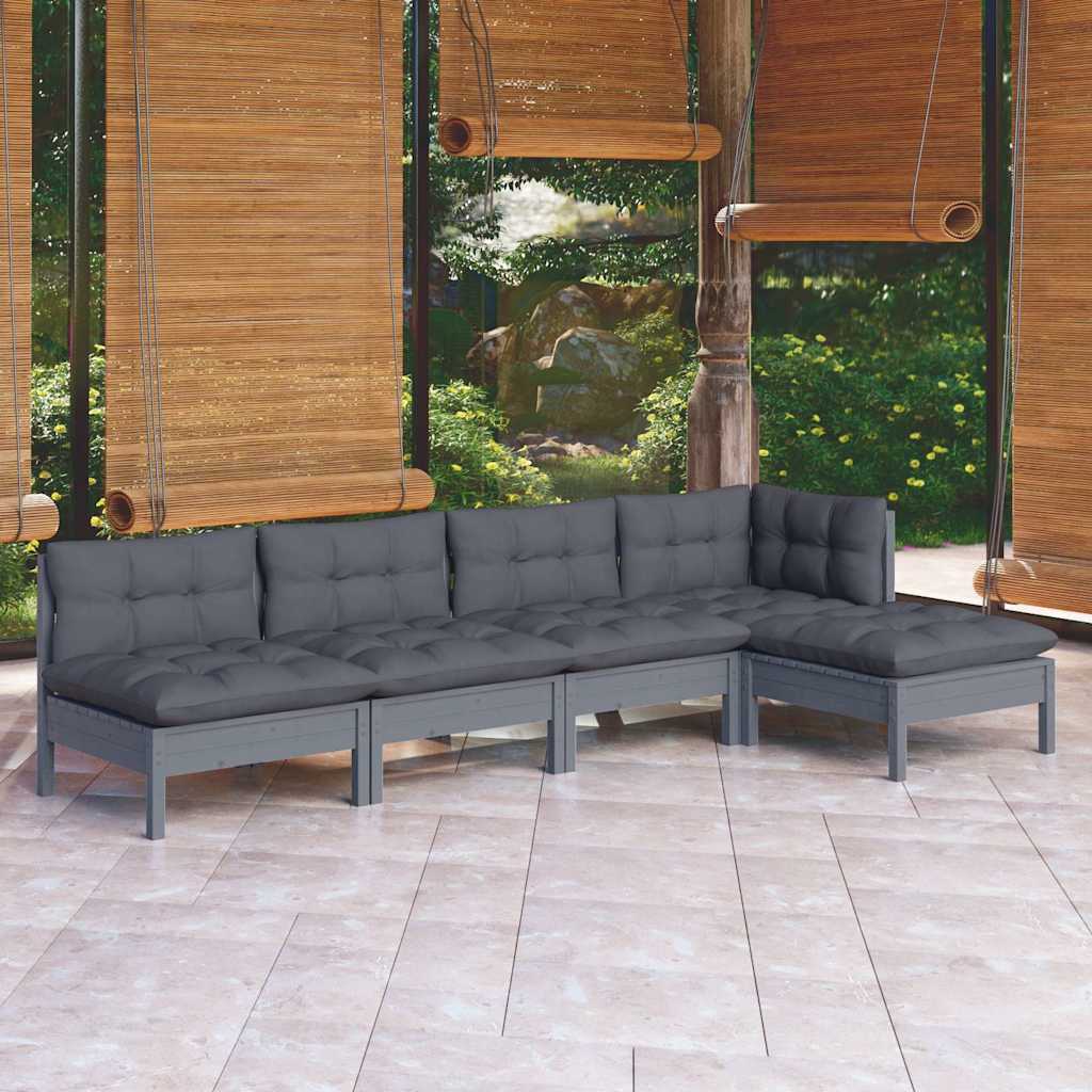 Set Divani da Giardino 5 pz con Cuscini Grigi Massello di Pino
