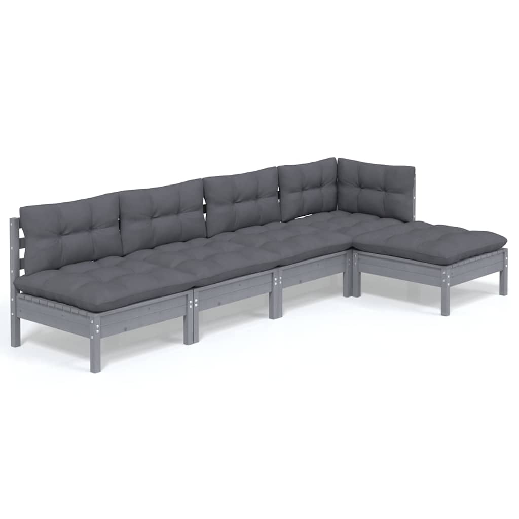 Set Divani da Giardino 5 pz con Cuscini Grigi Massello di Pino