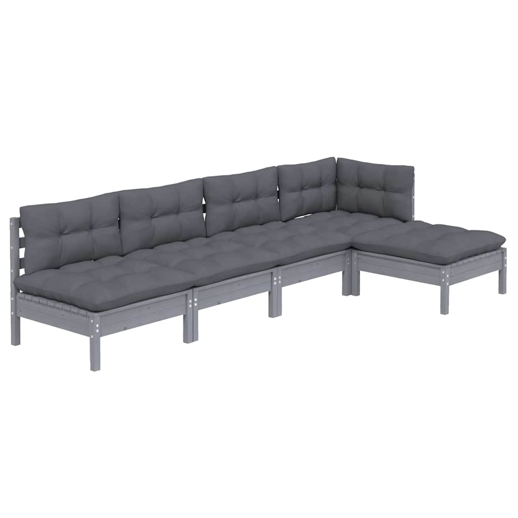 Set Divani da Giardino 5 pz con Cuscini Grigi Massello di Pino