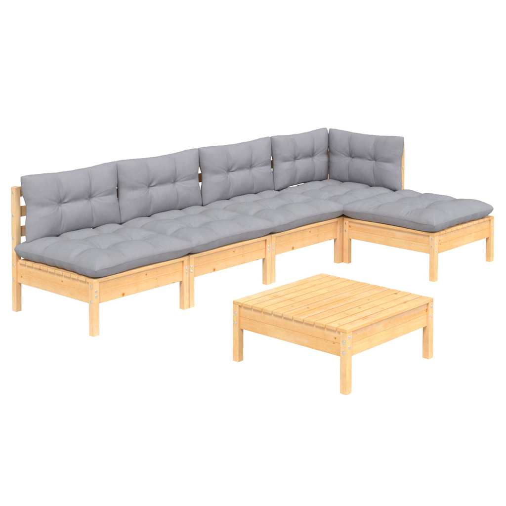 Set Divani da Giardino 6 pz con Cuscini Grigi Massello di Pino