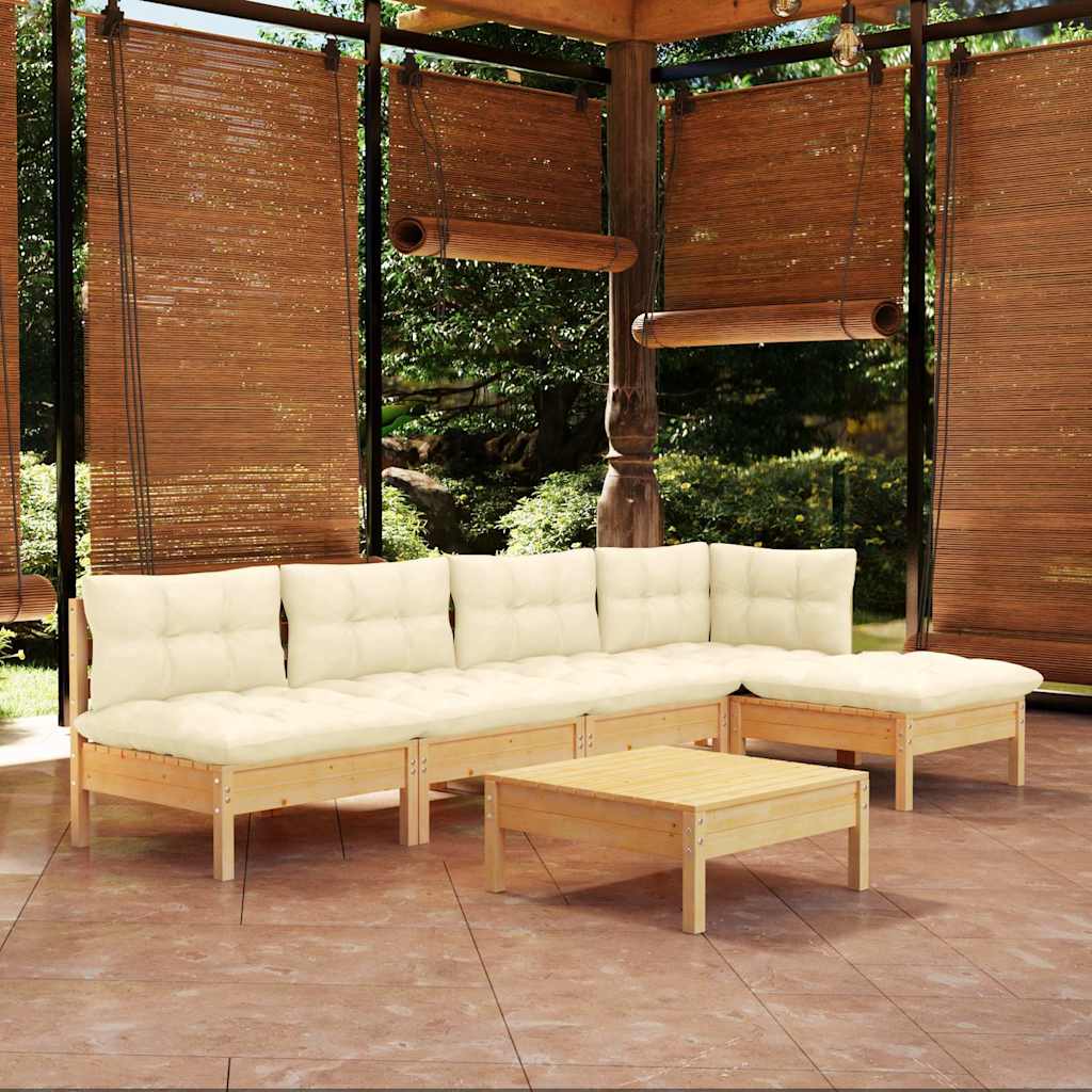 Set Divani da Giardino 6 pz con Cuscini Crema Massello di Pino