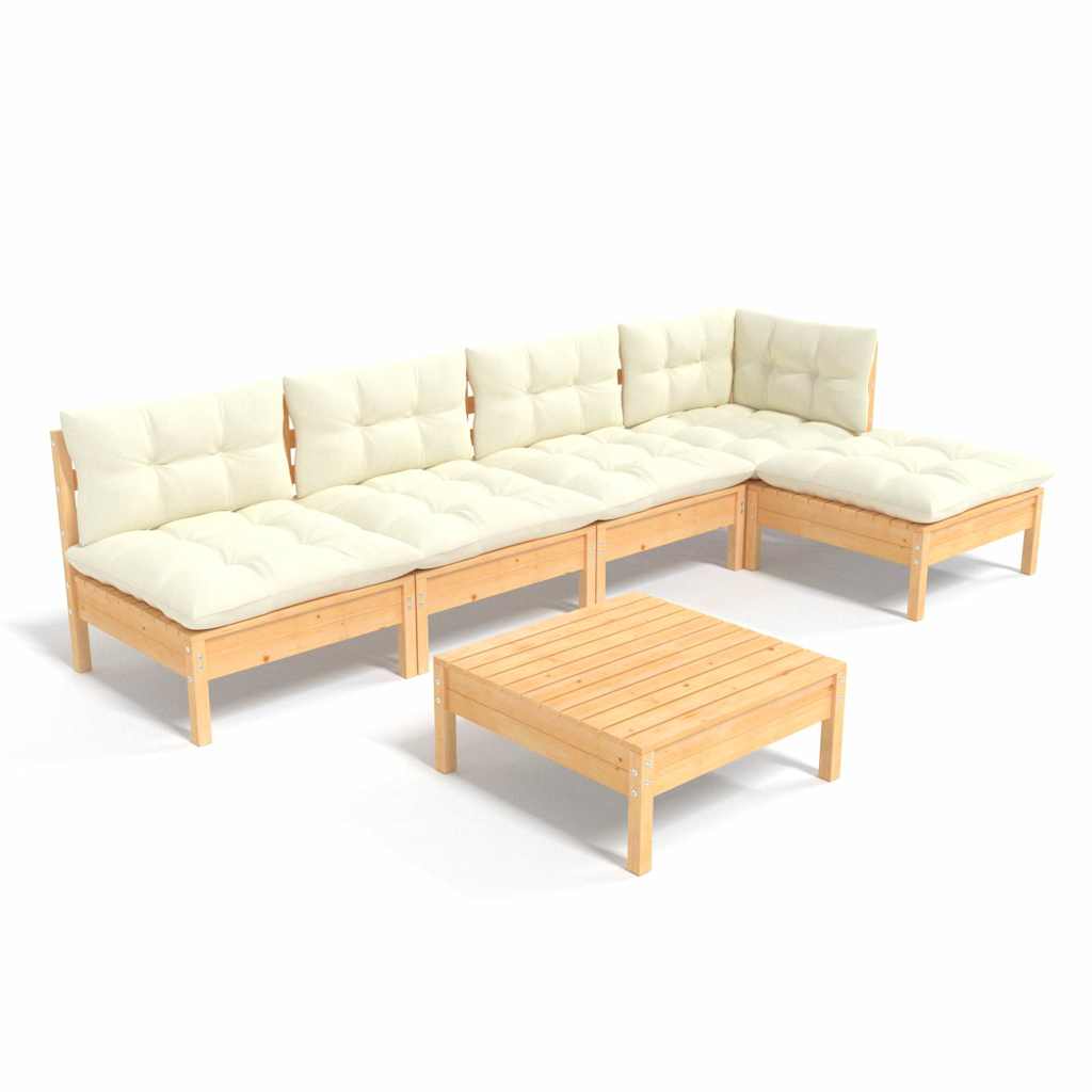 Set Divani da Giardino 6 pz con Cuscini Crema Massello di Pino