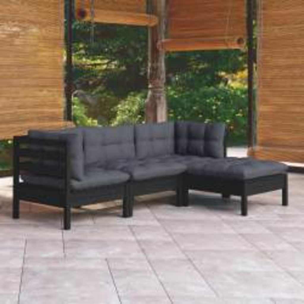 Set Divani da Giardino 4 pz con Cuscini Neri in Legno di Pino