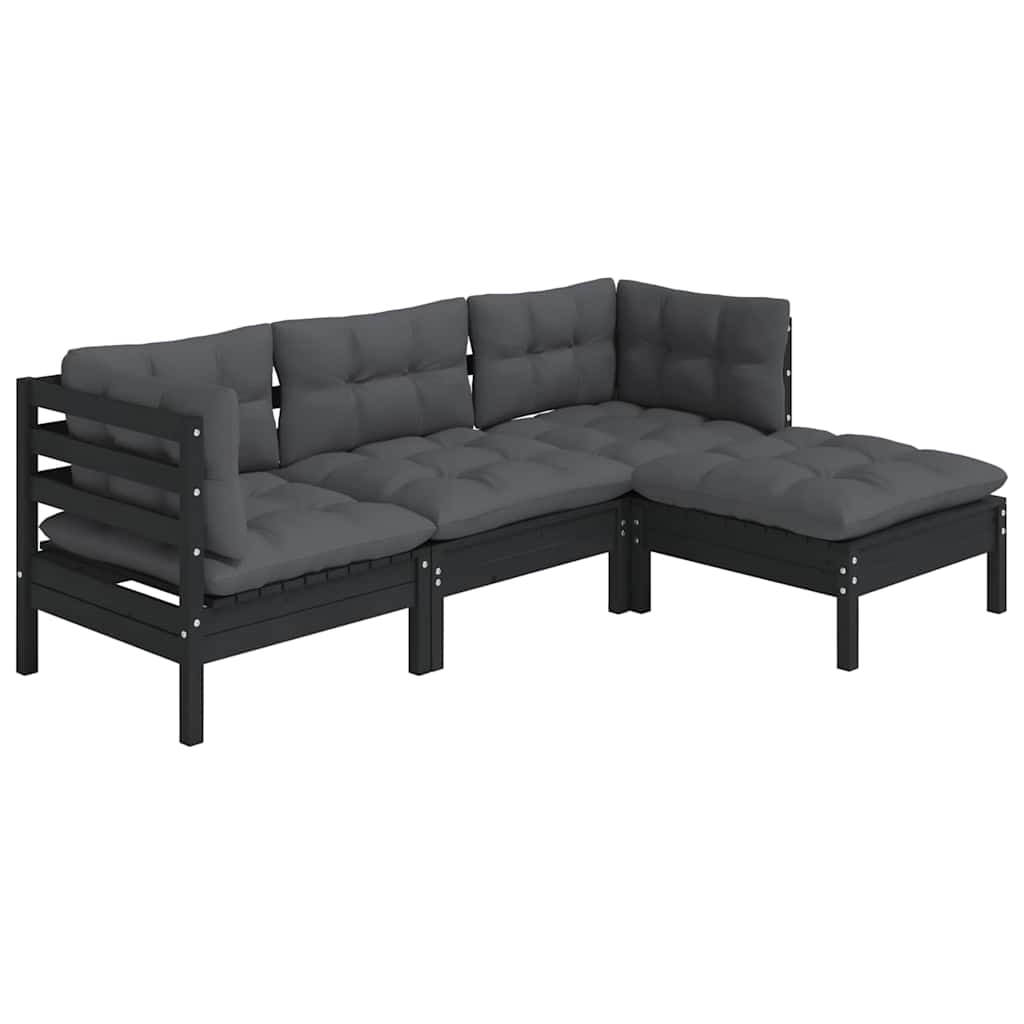 Set Divani da Giardino 4 pz con Cuscini Neri in Legno di Pino