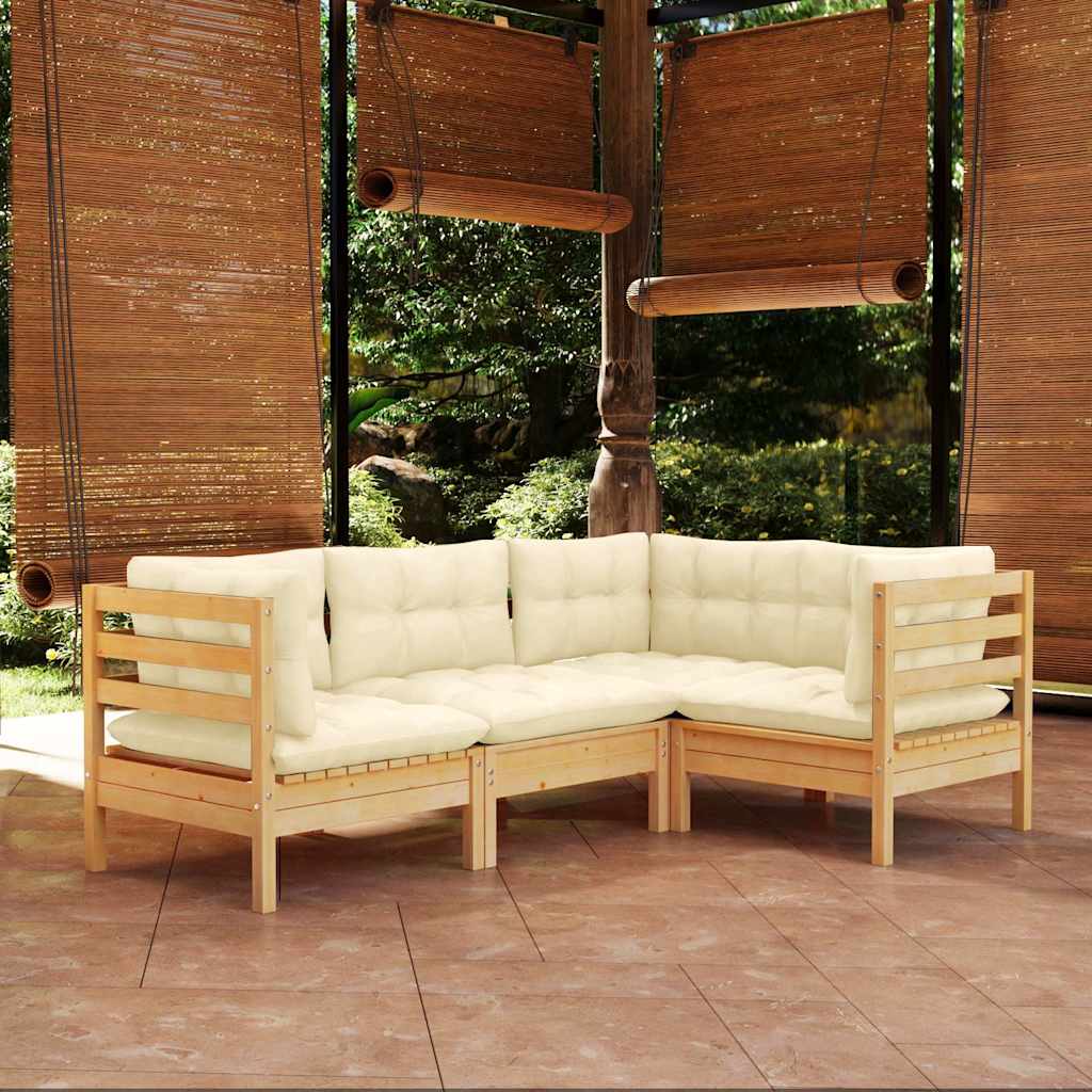 Set Salotto da Giardino 4 pz con Cuscini Crema in Legno di Pino