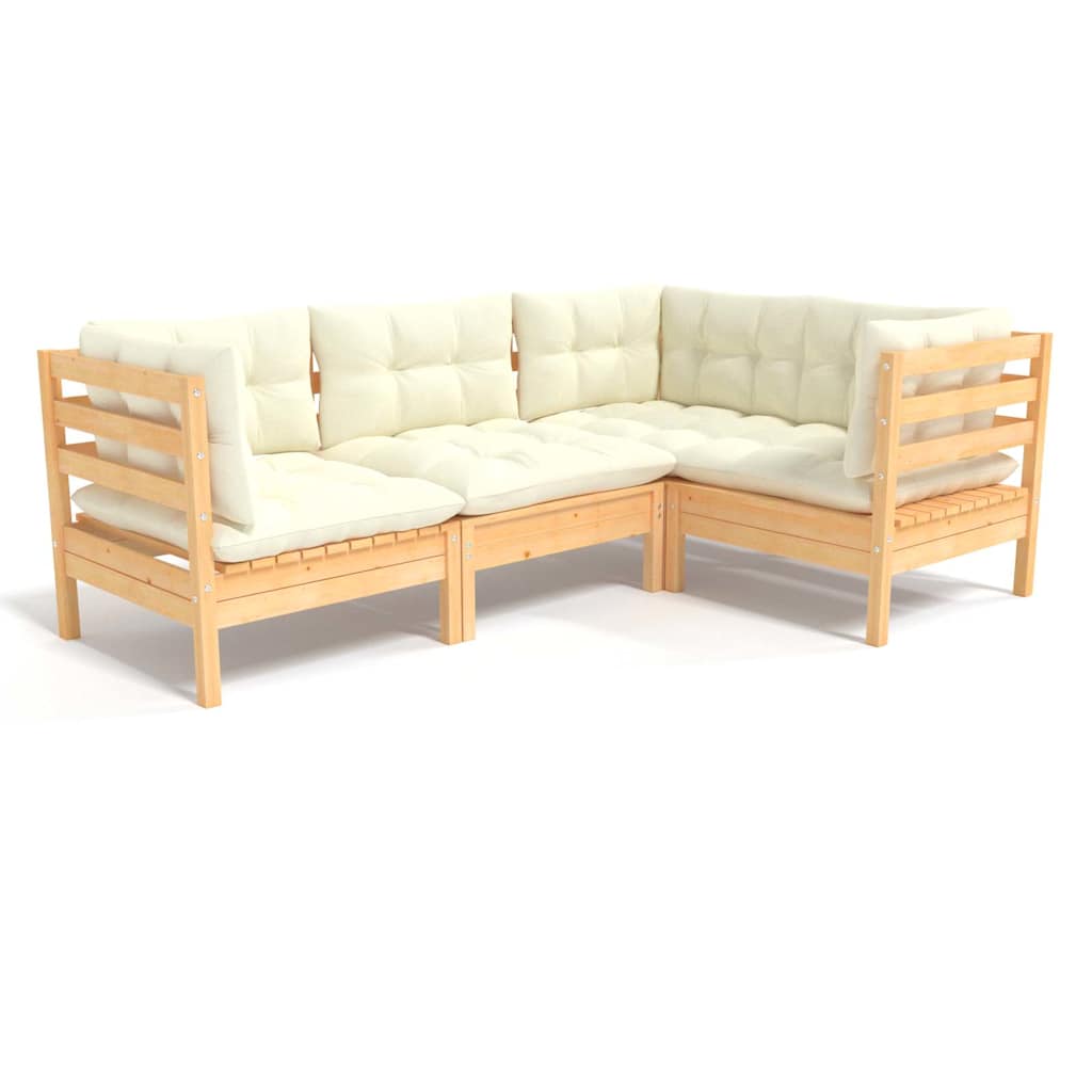 Set Salotto da Giardino 4 pz con Cuscini Crema in Legno di Pino
