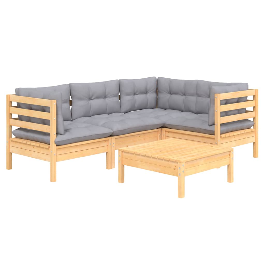Set Divani da Giardino 5 pz con Cuscini Grigi Massello di Pino