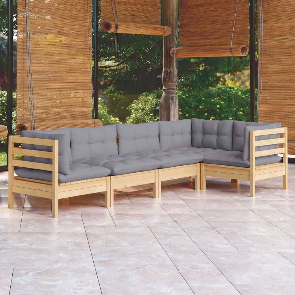 Set Divani da Giardino 5 pz con Cuscini Grigi Massello di Pino