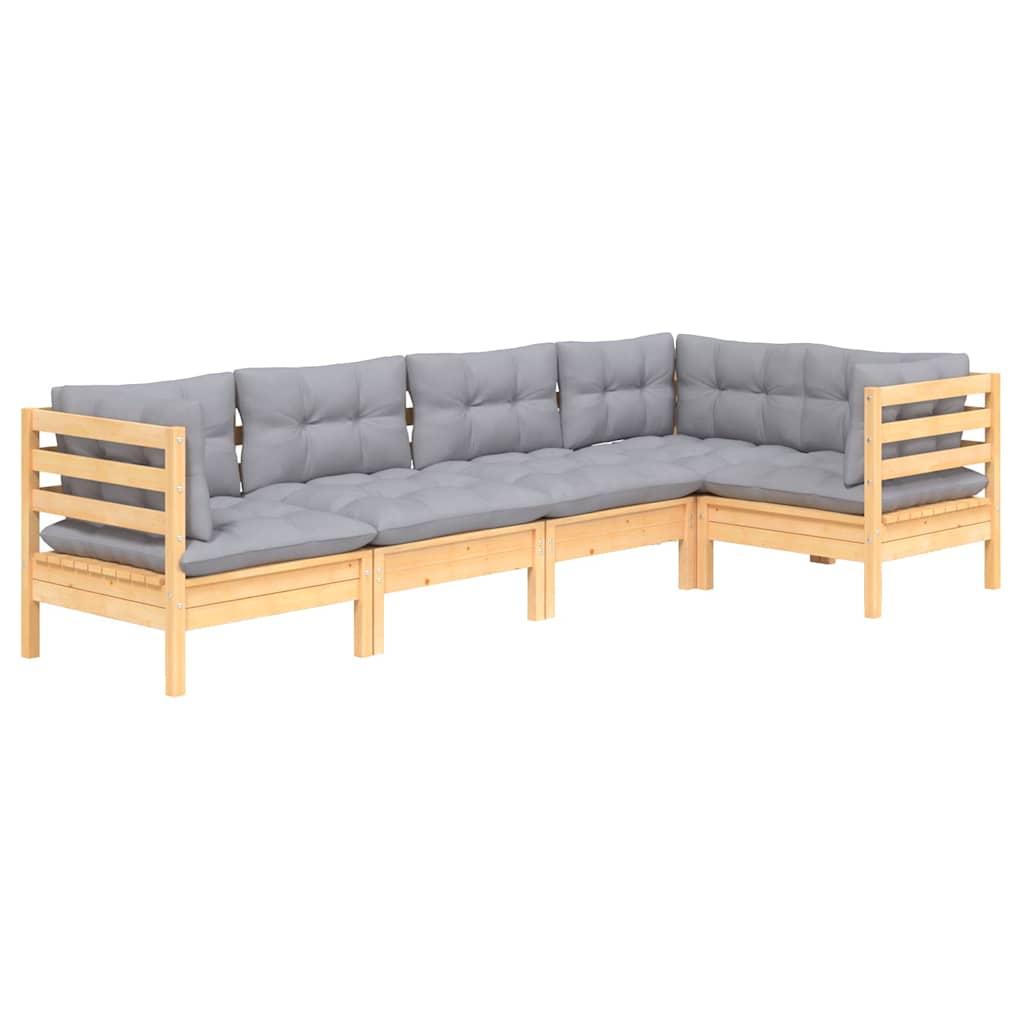 Set Divani da Giardino 5 pz con Cuscini Grigi Massello di Pino