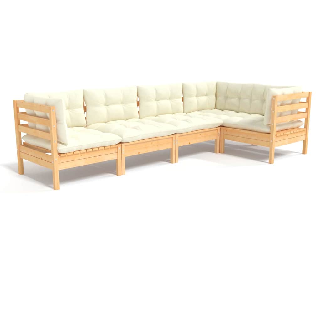 Set Divani da Giardino 5 pz con Cuscini Crema Massello di Pino