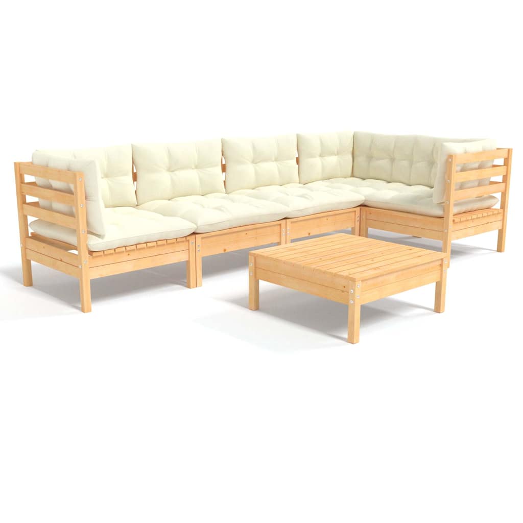 Set Divani da Giardino 6 pz con Cuscini Crema Massello di Pino