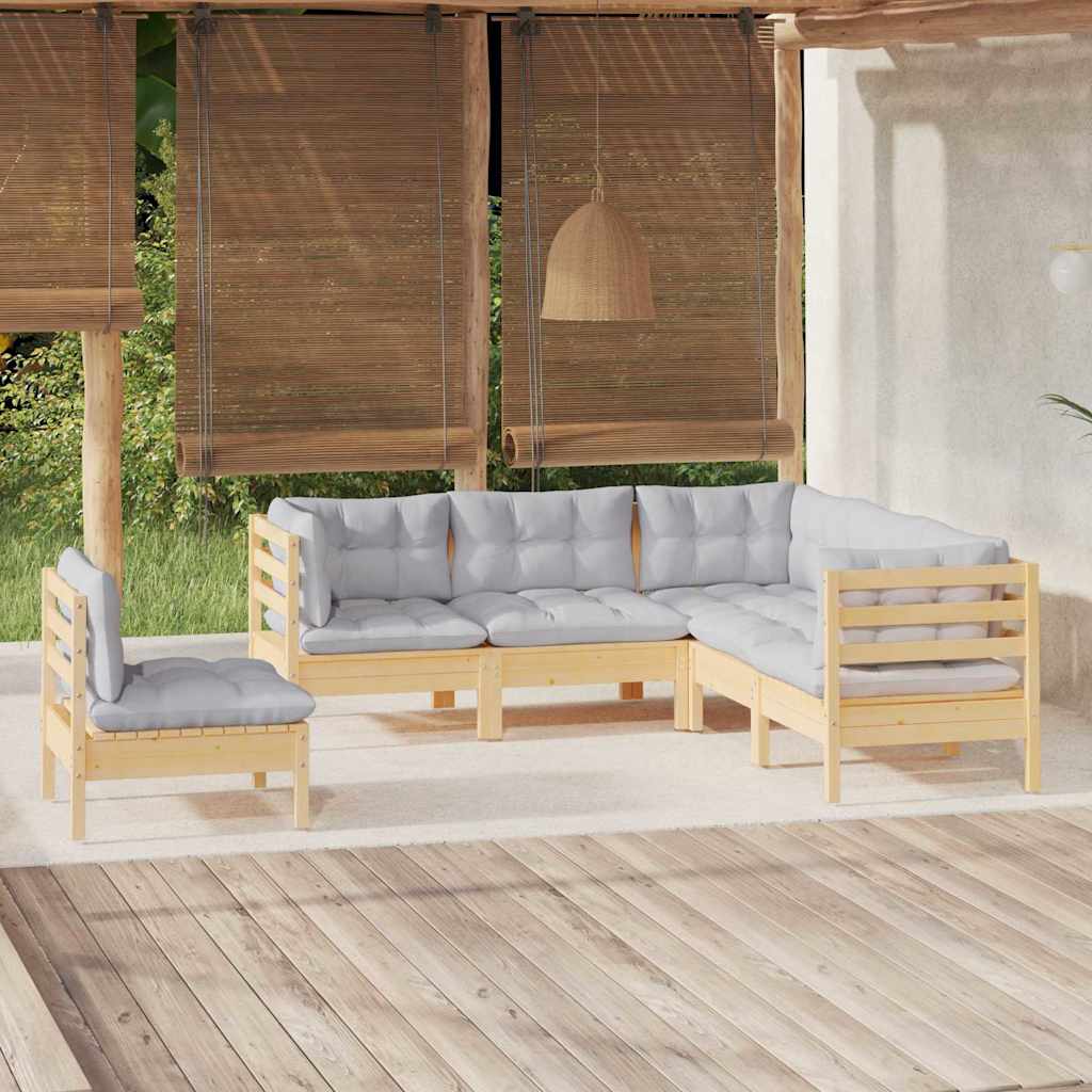 Set Divani da Giardino 5 pz con Cuscini Grigi Massello di Pino
