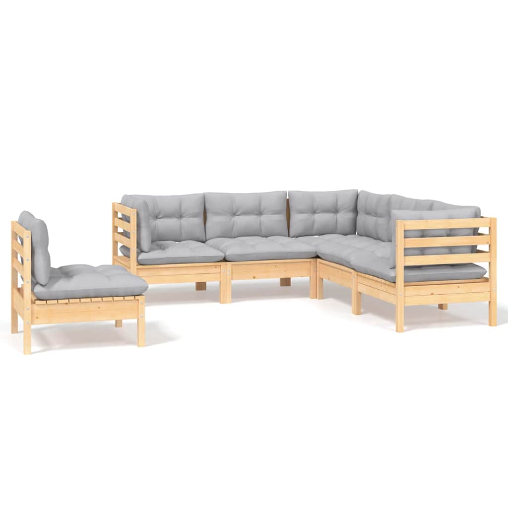 Set Divani da Giardino 5 pz con Cuscini Grigi Massello di Pino