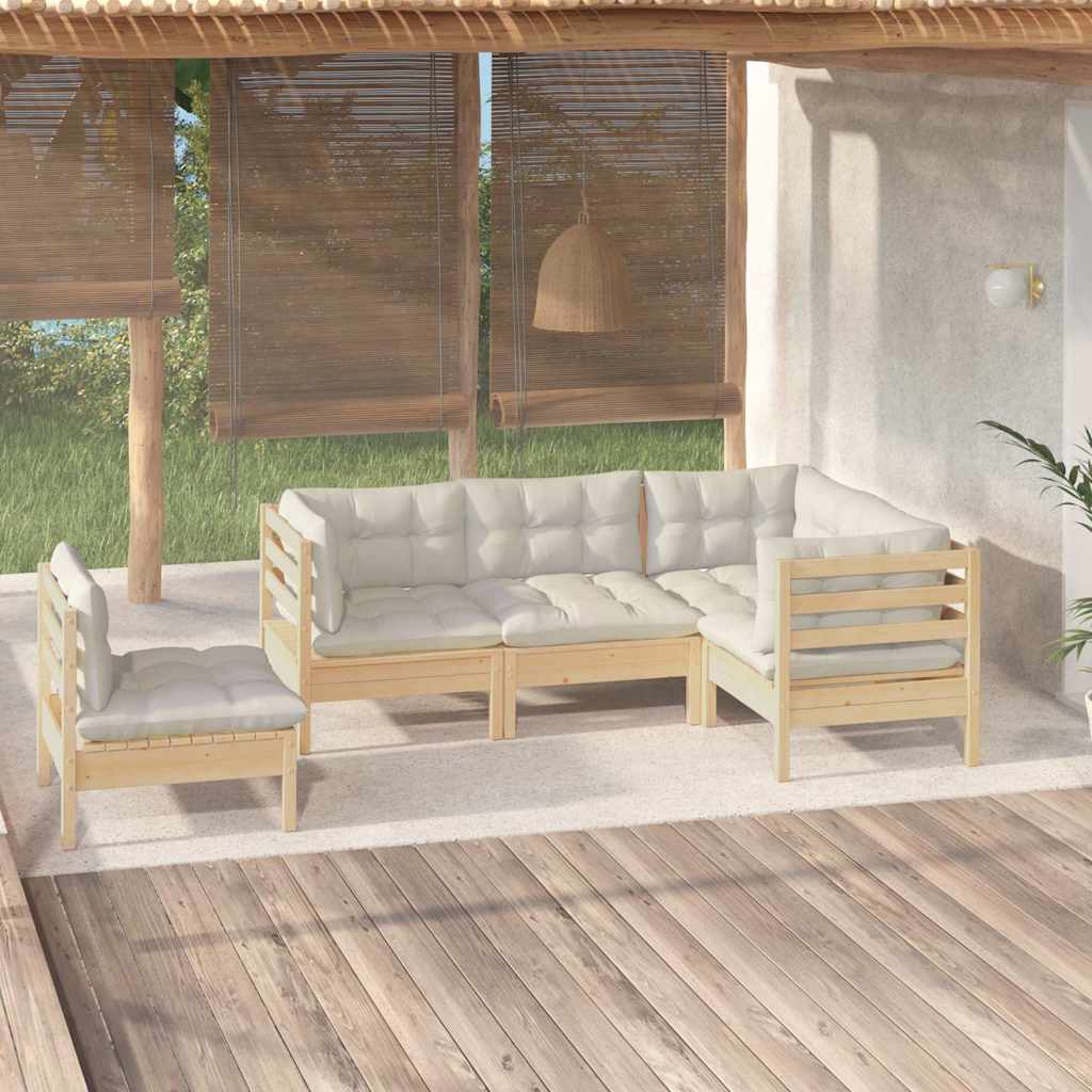 Set Divani da Giardino 5 pz con Cuscini Crema Massello di Pino