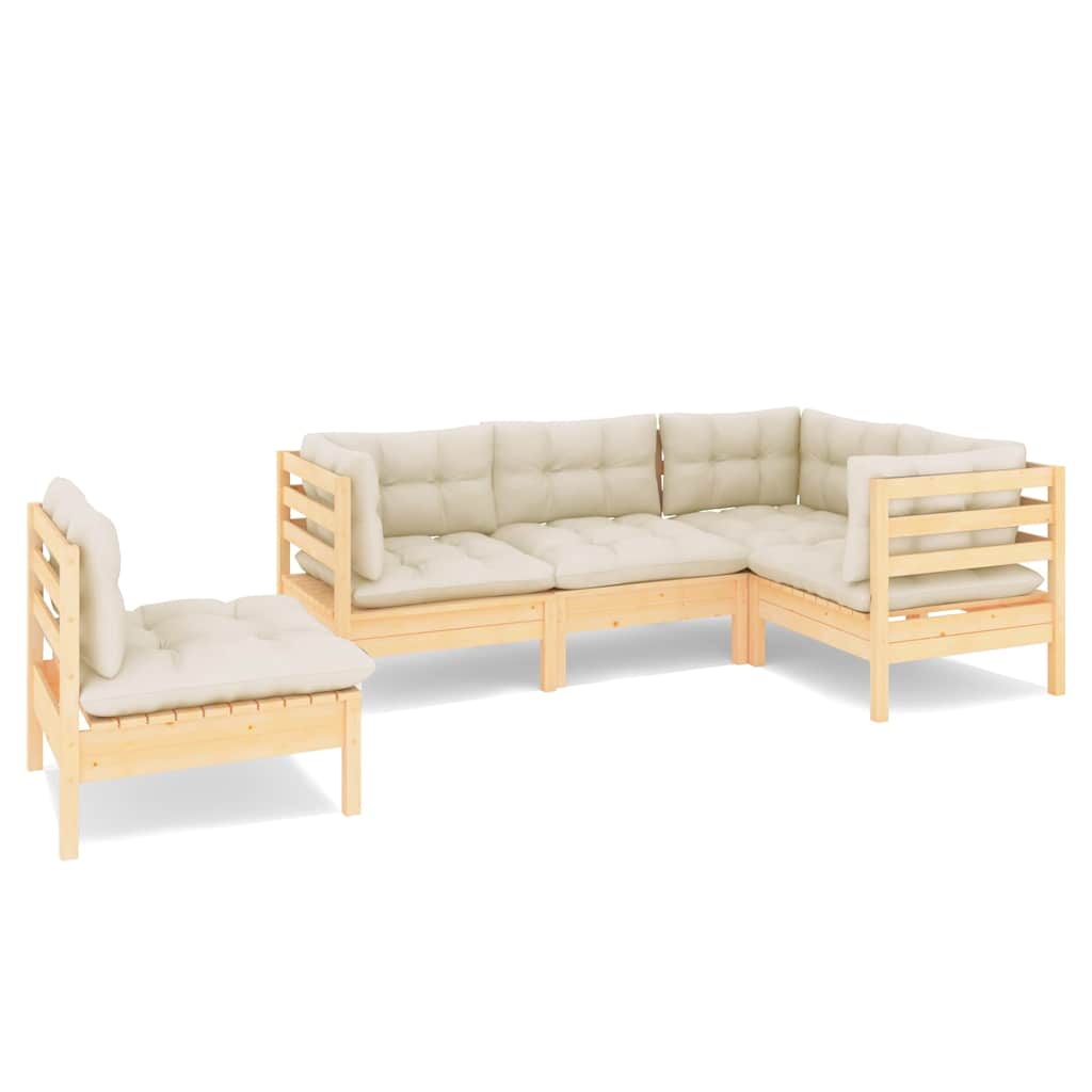 Set Divani da Giardino 5 pz con Cuscini Crema Massello di Pino