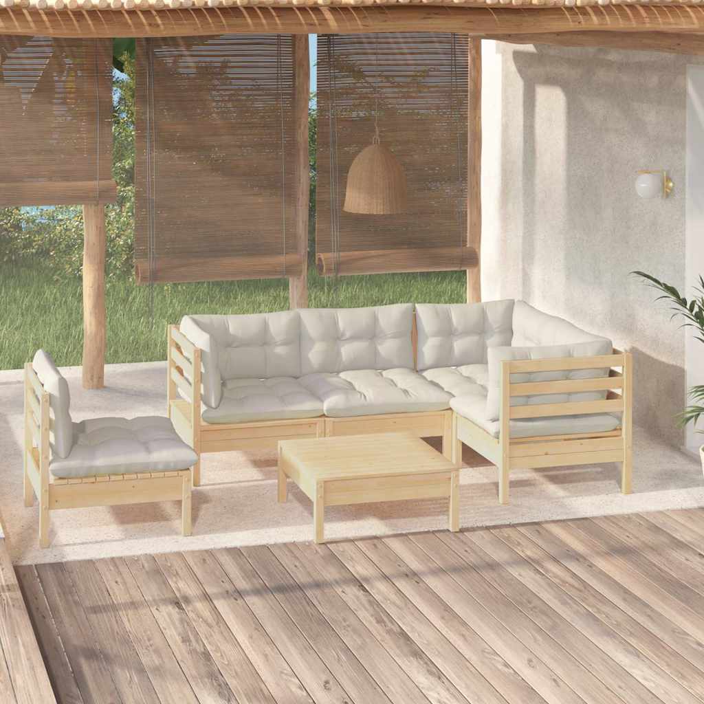 Set Divani da Giardino 6 pz con Cuscini Crema Massello di Pino