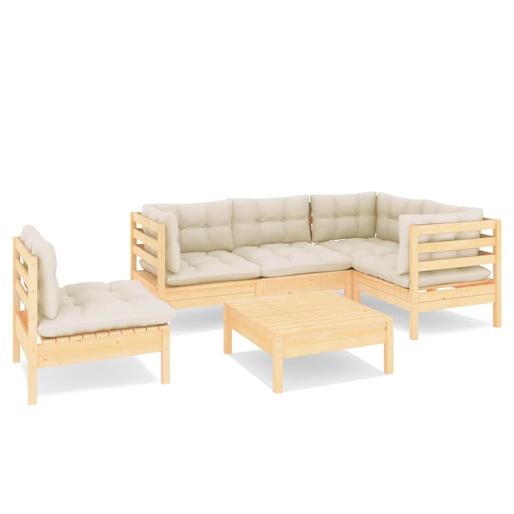 Set Divani da Giardino 6 pz con Cuscini Crema Massello di Pino