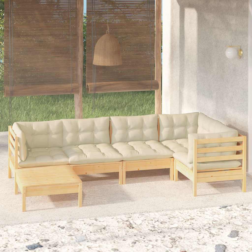 Set Divani da Giardino 6 pz con Cuscini Crema Massello di Pino