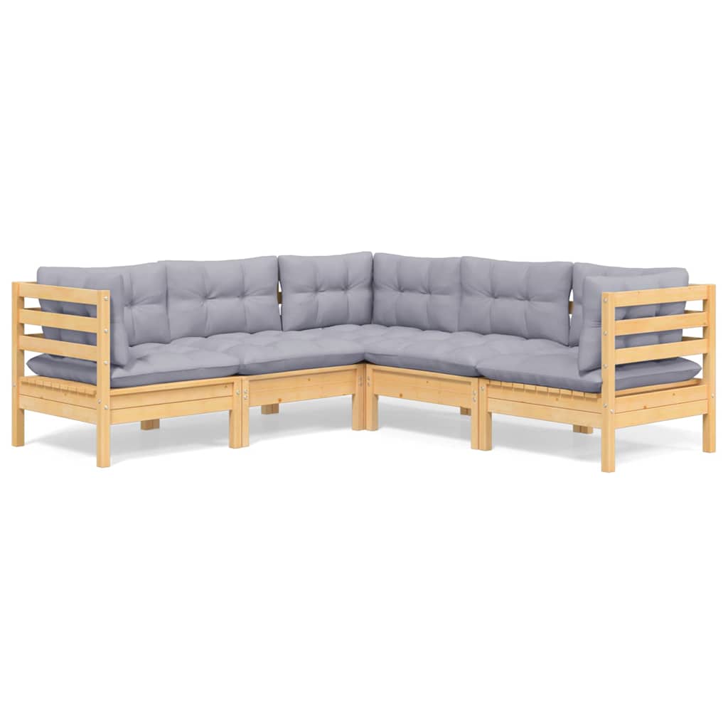 Set Divani da Giardino 5 pz con Cuscini Grigi Massello di Pino