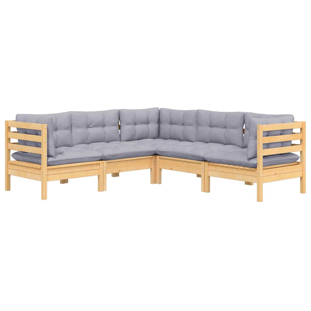 Set Divani da Giardino 5 pz con Cuscini Grigi Massello di Pino