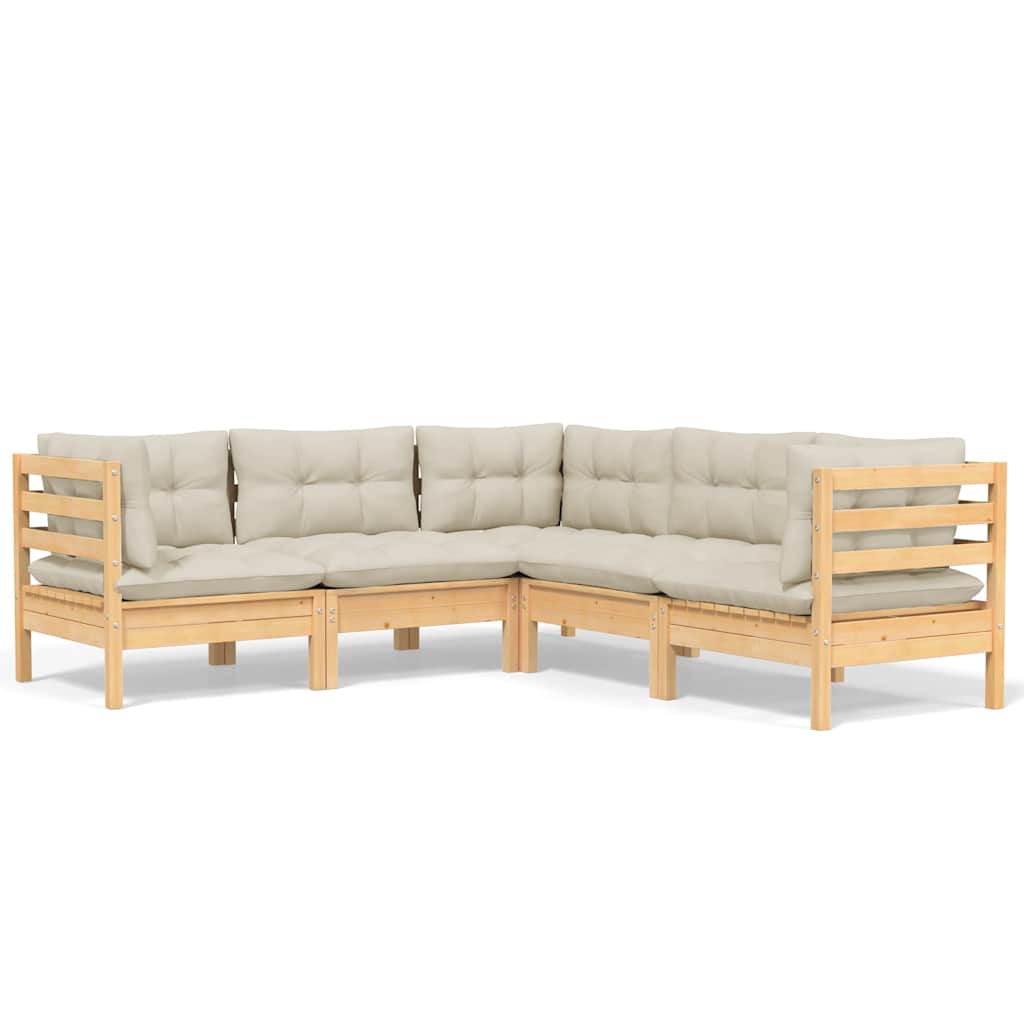Set Divani da Giardino 5 pz con Cuscini Crema Massello di Pino