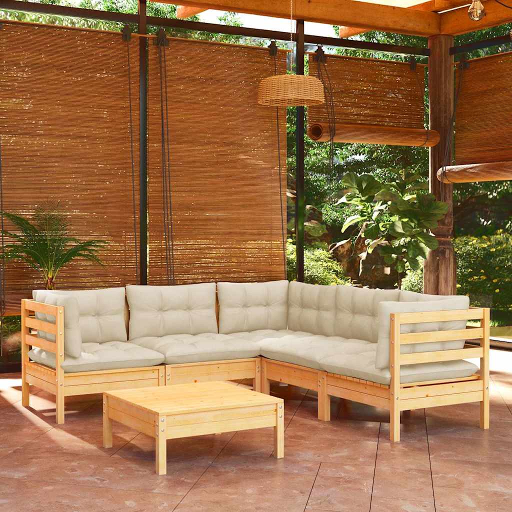 Set Divani da Giardino 6 pz con Cuscini Crema Massello di Pino