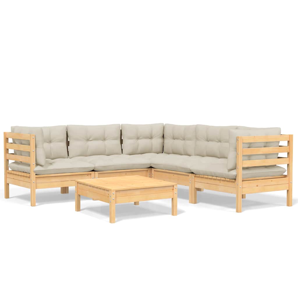 Set Divani da Giardino 6 pz con Cuscini Crema Massello di Pino