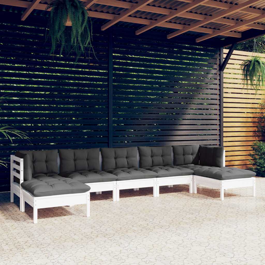 Set Divani da Giardino 7 pz con Cuscini Bianchi Legno di Pino