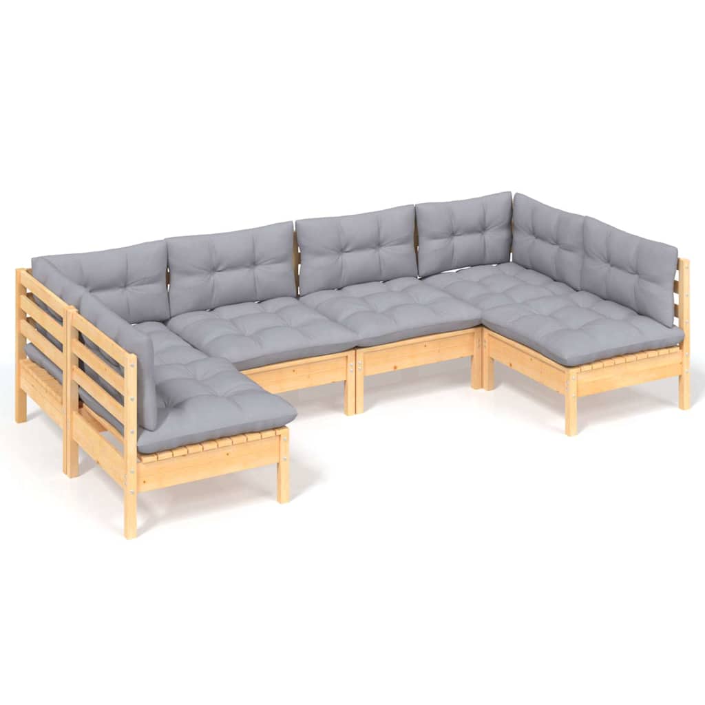Set Divani da Giardino 6 pz con Cuscini Grigi Massello di Pino