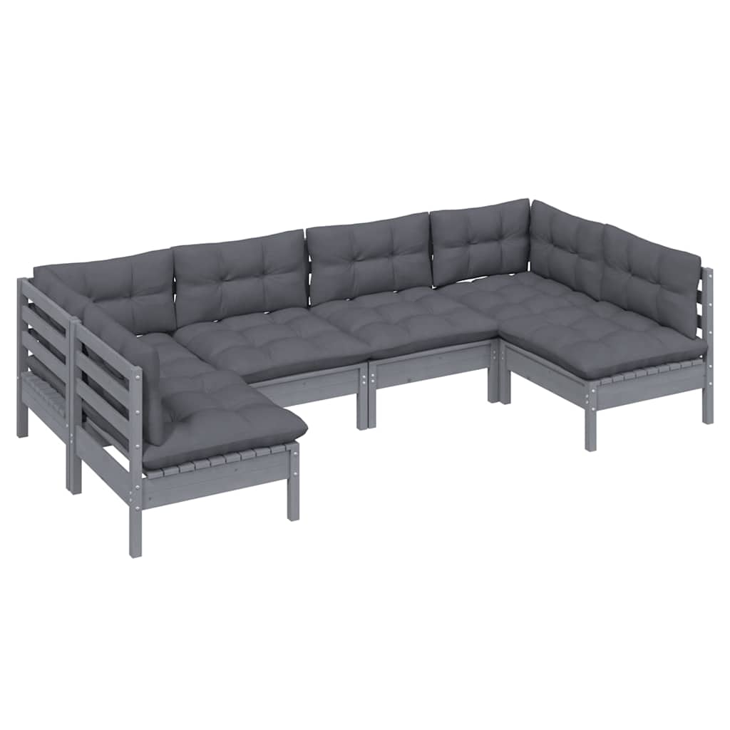 Set Divani da Giardino 6 pz con Cuscini Grigi in Legno di Pino
