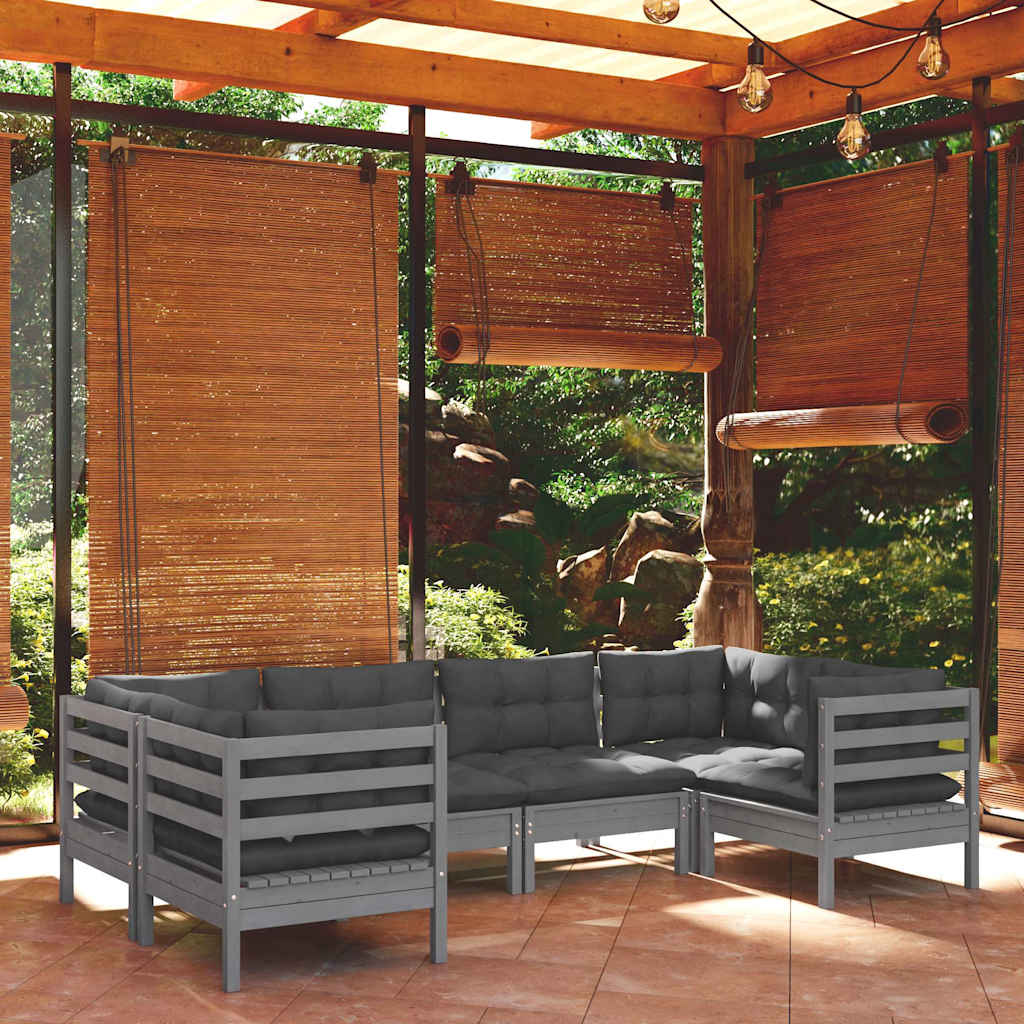 Set Divani da Giardino 6 pz con Cuscini Grigi Massello di Pino