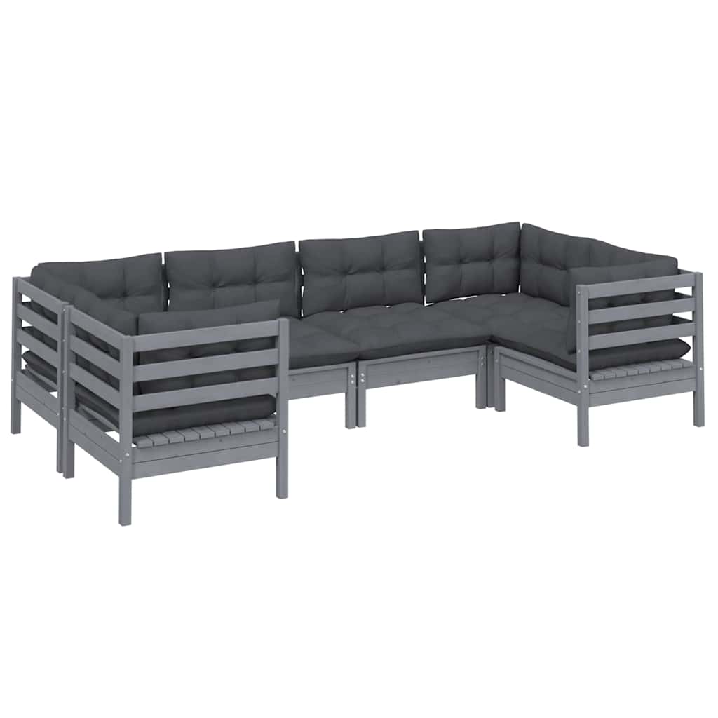 Set Divani da Giardino 6 pz con Cuscini Grigi Massello di Pino