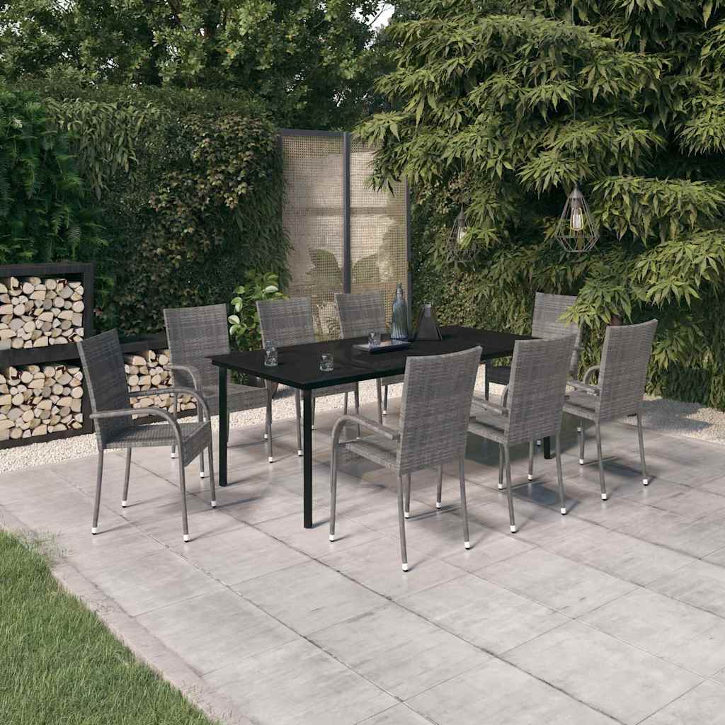Set da Pranzo per Giardino 9 pz con Cuscini Grigio e Nero