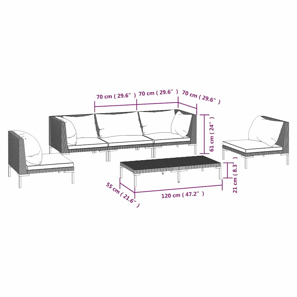 Divani da Giardino 6 pz con Cuscini in Polyrattan Grigio Scuro