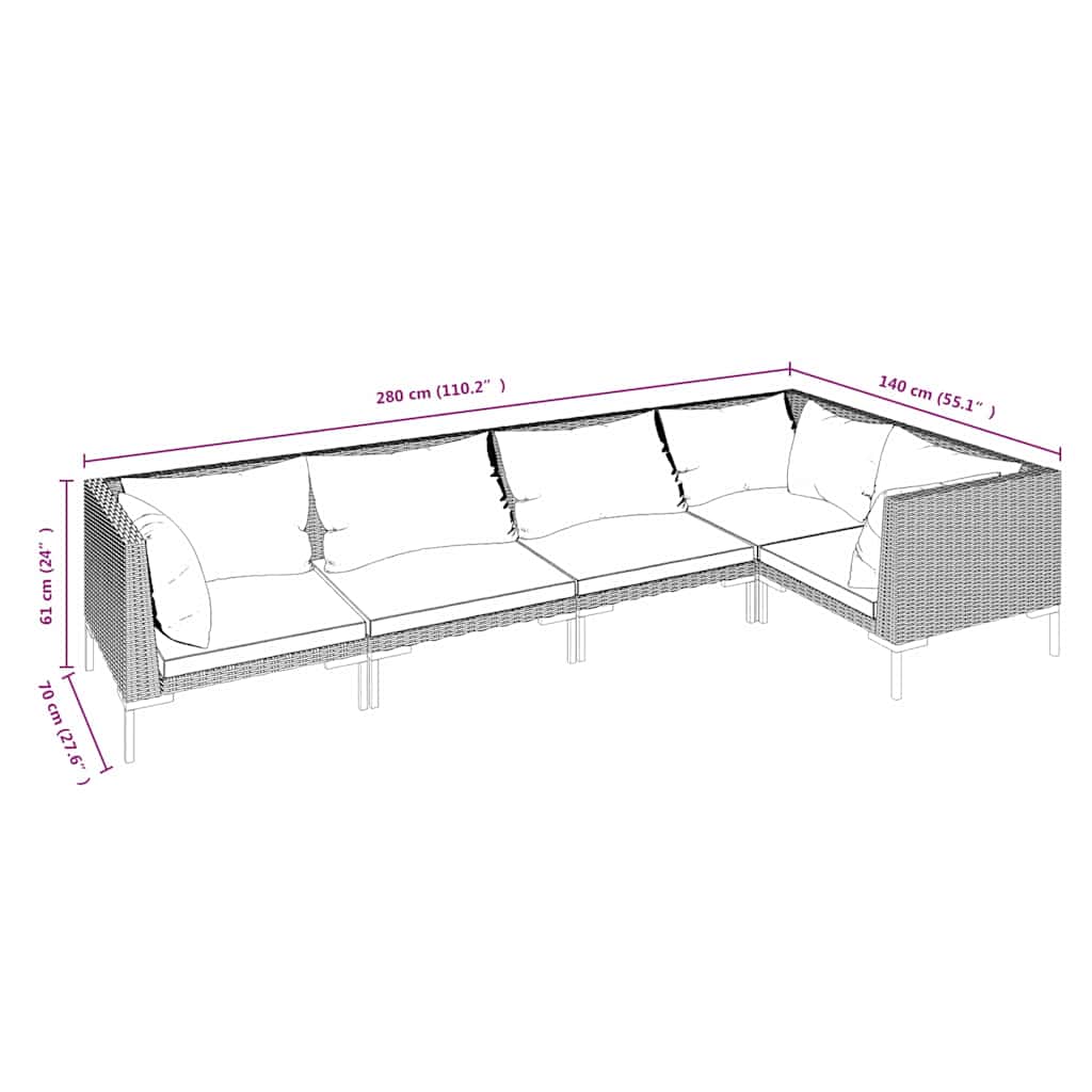 Salotto da giardino 5 pz con cuscini in polyrattan grigio scuro