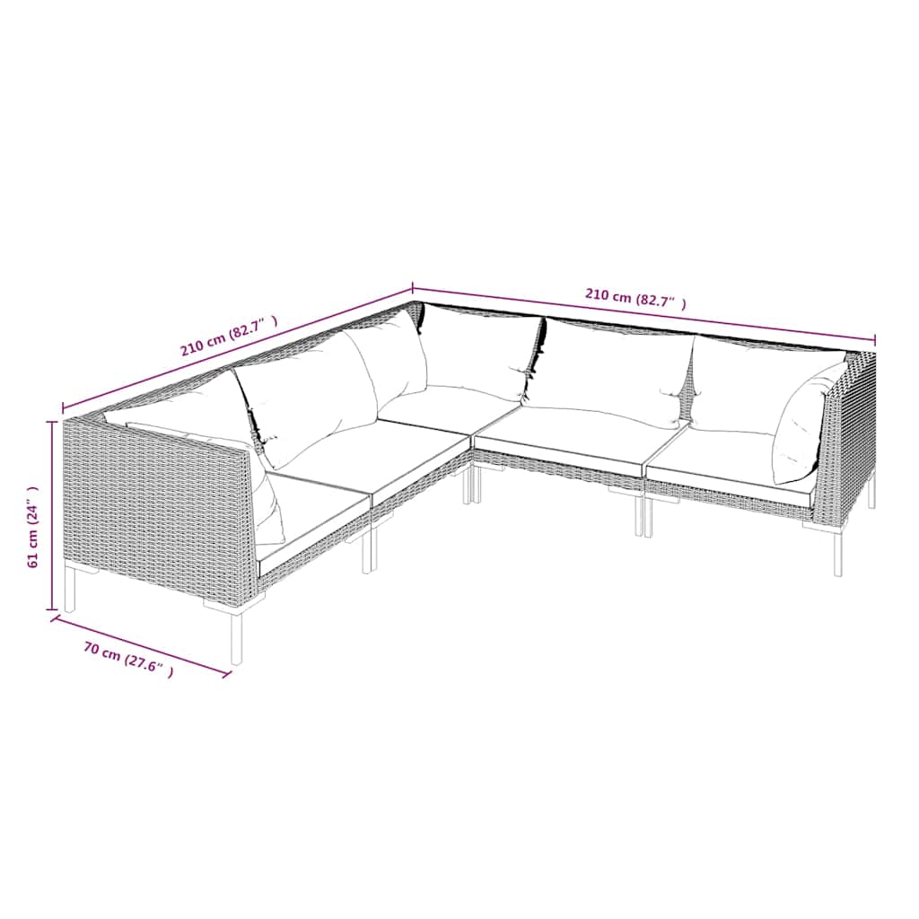 Salotto da Giardino 5 pz Rattan PE Grigio Scuro e Cuscini Neri