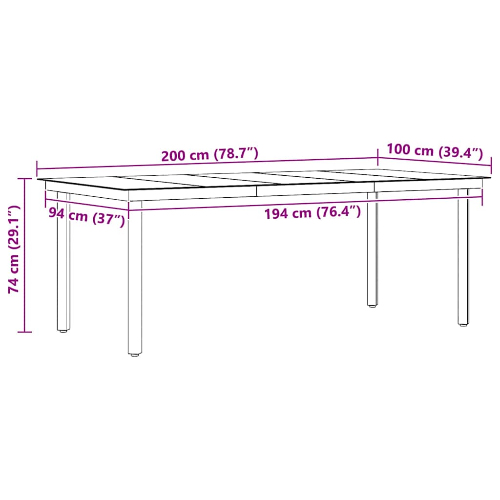 Tavolo da Pranzo da Giardino Nero 200x100x74 cm Acciaio e Vetro
