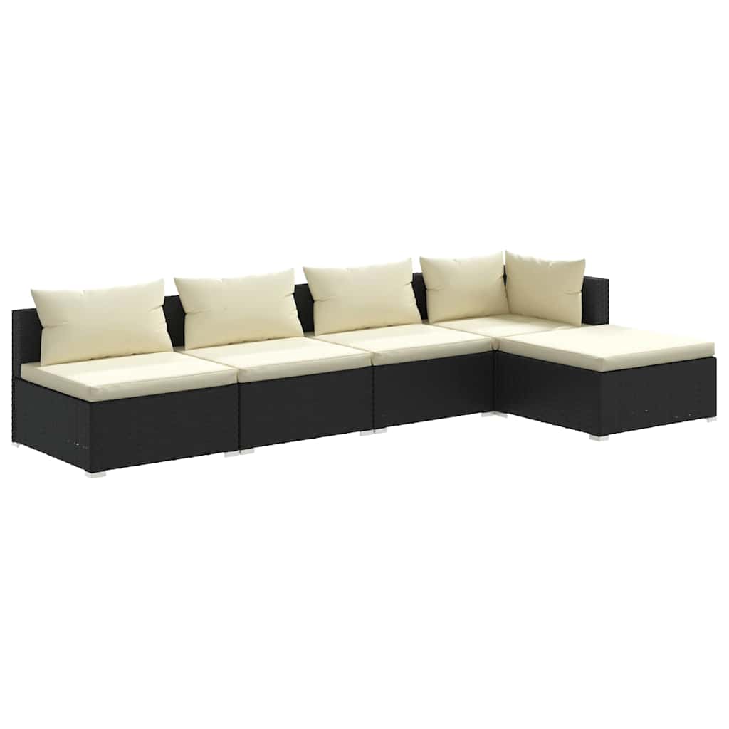 Divani da giardino modulari 5 pz in rattan PE nero, cuscini crema