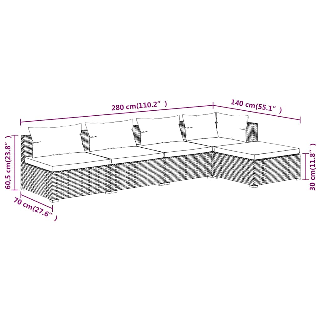 Divani da giardino modulari 5 pz in rattan PE nero, cuscini crema