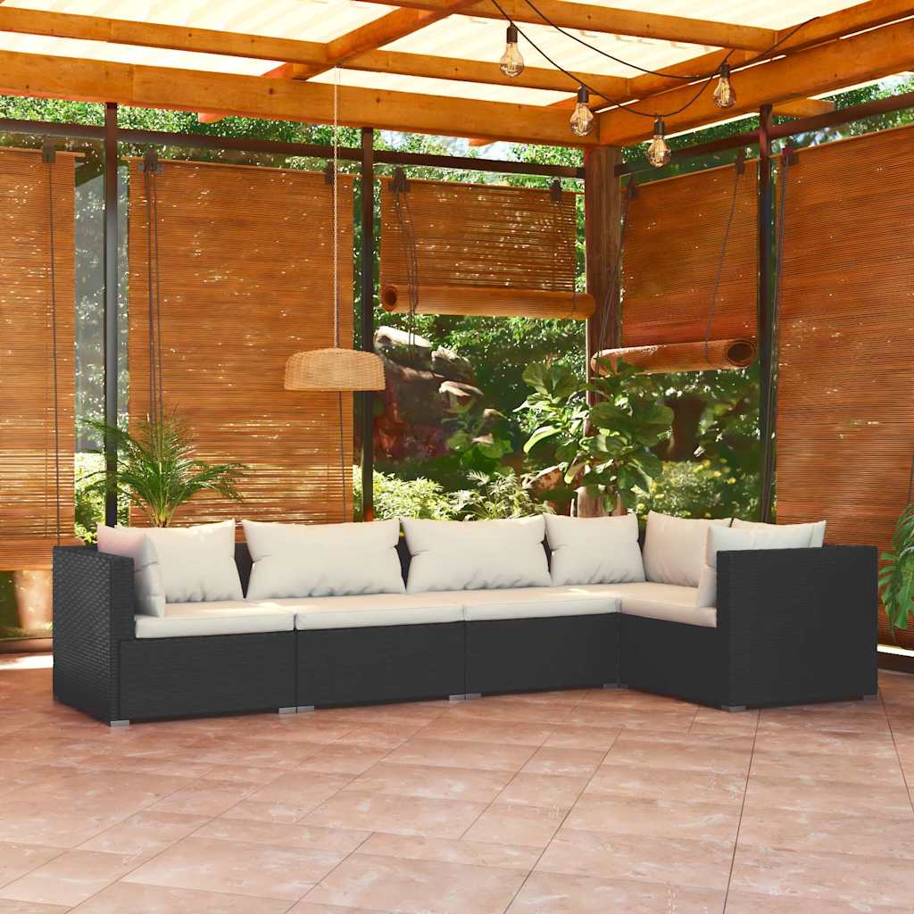 Set Divani da Giardino 5 pz in Rattan PE Nero con Cuscini