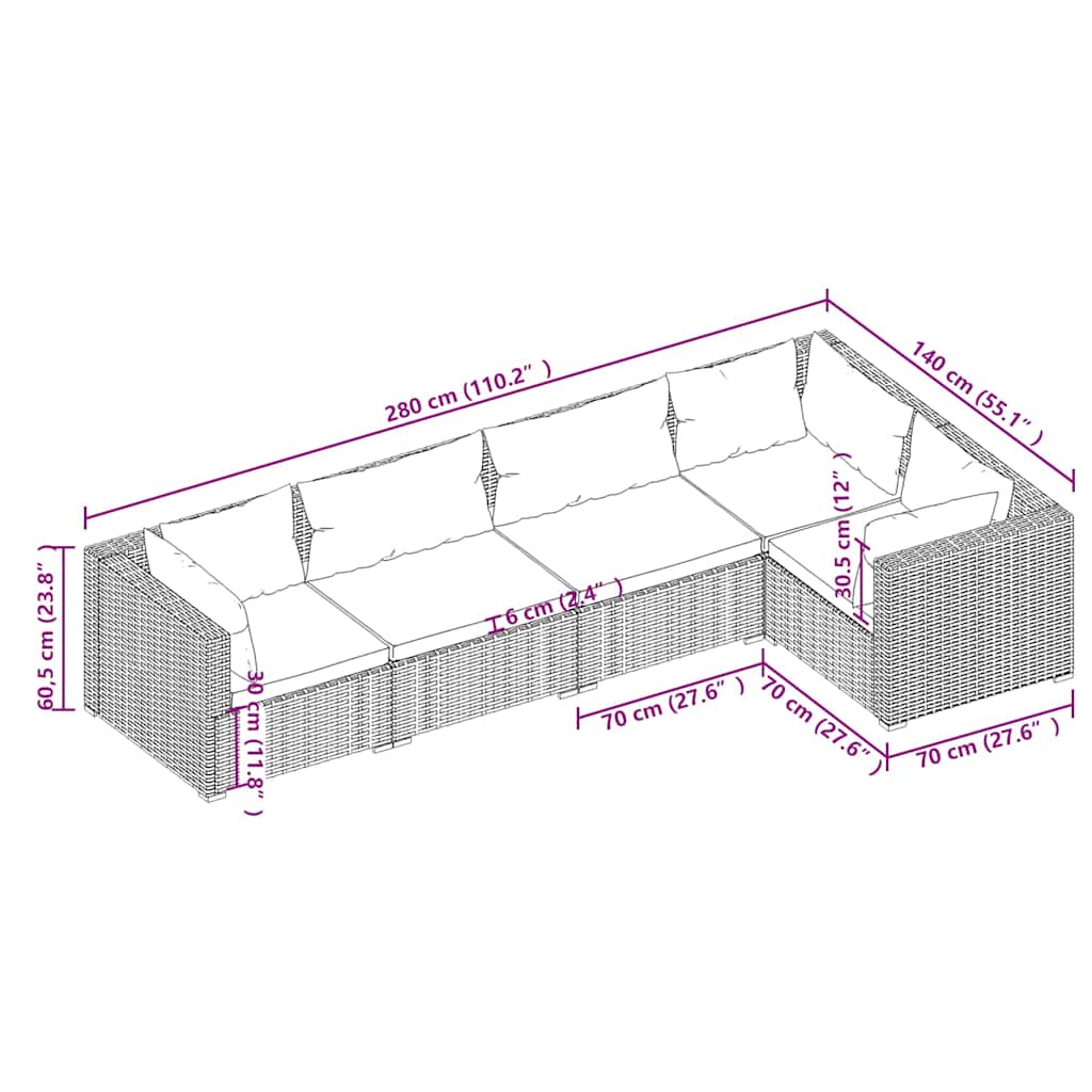 Set Divani da Giardino 5 pz in Rattan PE Nero con Cuscini