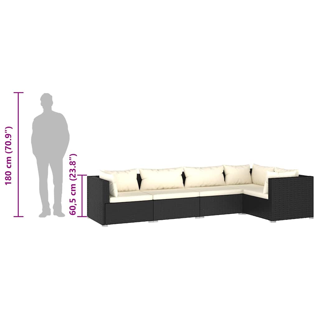 Set Divani da Giardino 5 pz in Rattan PE Nero con Cuscini
