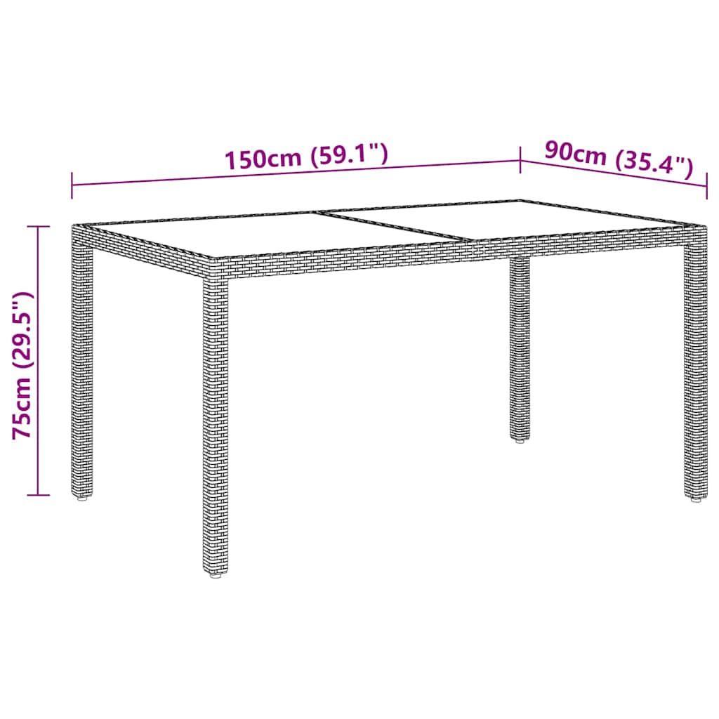 Tavolo Giardino 150x90x75cm Vetro Temperato e Polyrattan Grigio