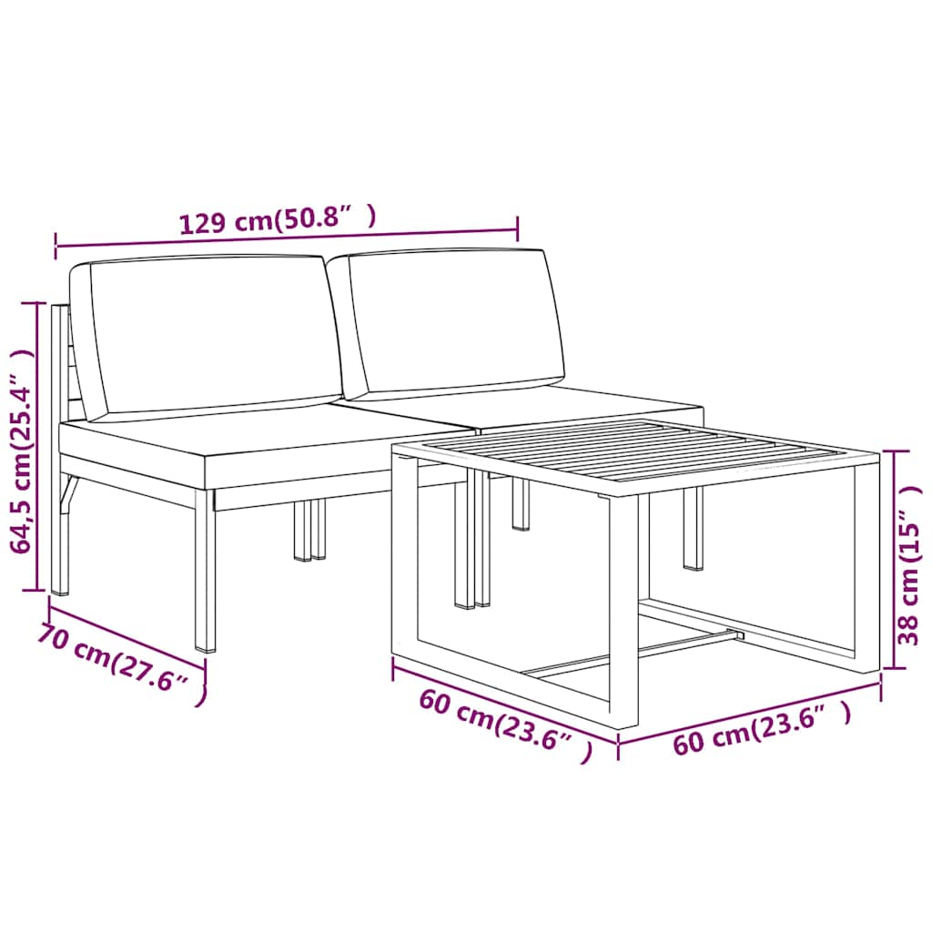 Salotto da Giardino 3 pz in Alluminio Antracite con Cuscini