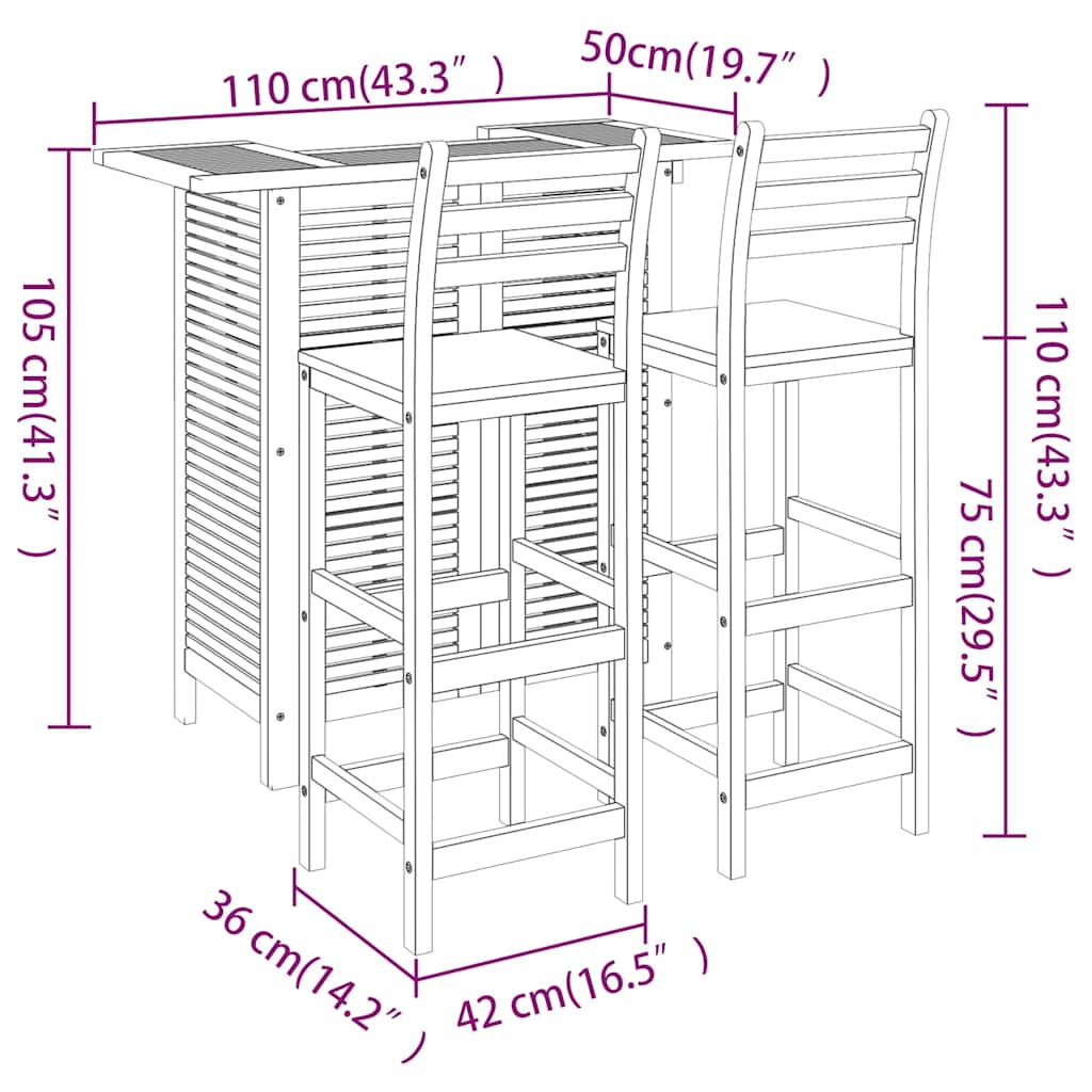 Set da Bar per Giardino 3 pz in Legno Massello di Acacia