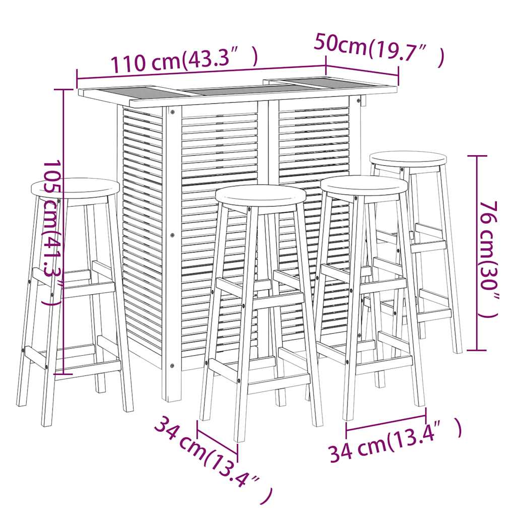 Set da Bar per Giardino 5 pz in Legno Massello di Acacia