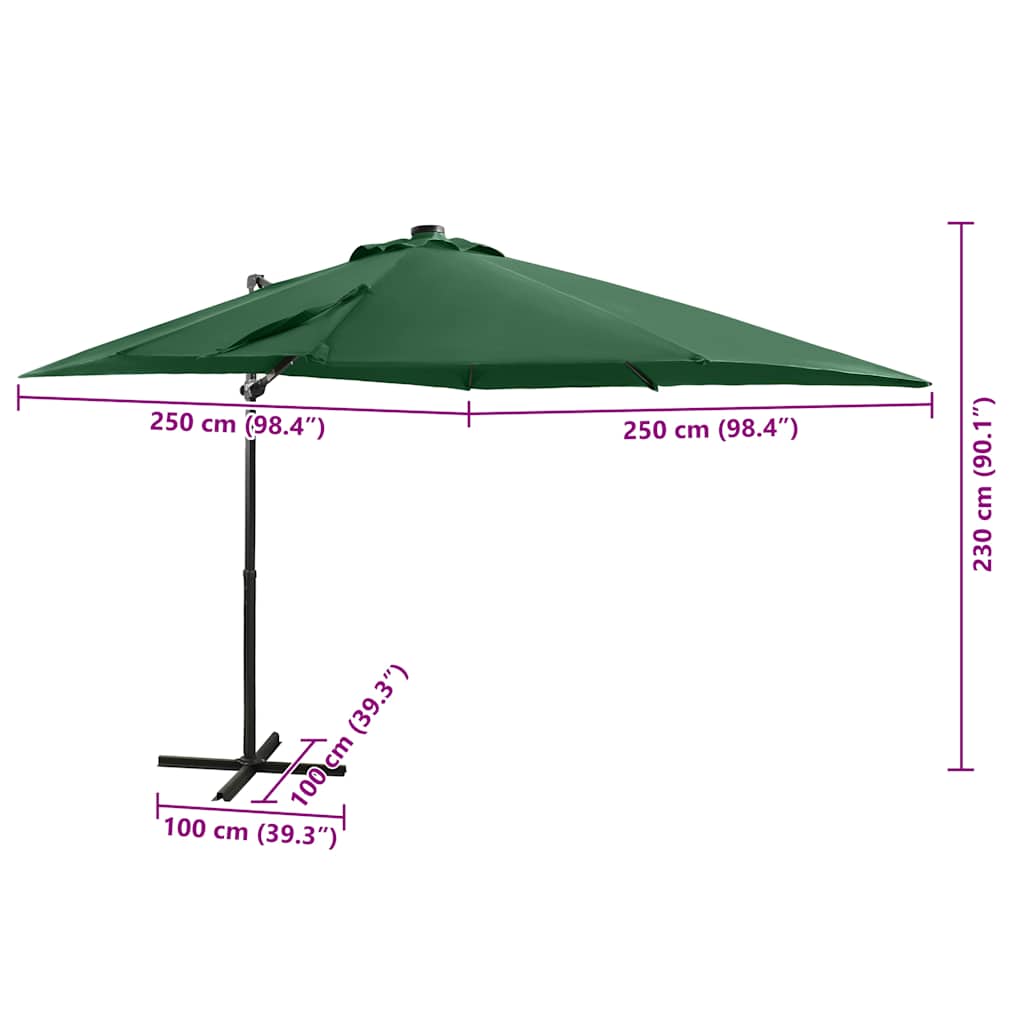 Ombrellone a Sbalzo con Palo e Luci a LED Verde 250 cm